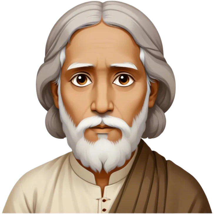 Rabindranath Tagore – Cinematic Realistic Portrait of Rabindranath Tagore, depicted with thoughtful, soulful eyes and gentle features, dressed in traditional Bengali attire with subtle artistic motifs, bathed in warm, soft lighting that evokes his poetic genius and timeless wisdom. emoji