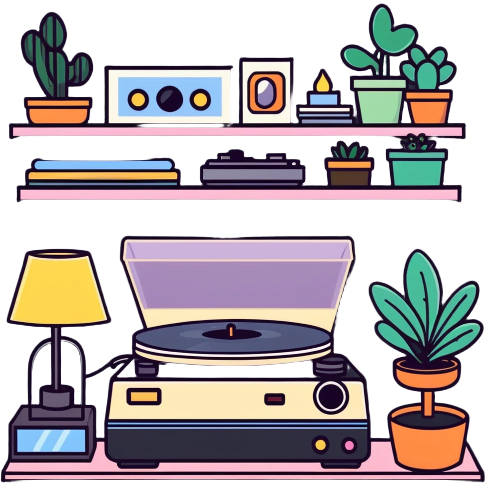 small bedroom with indie aesthetic, record player, art prints, potted plants, fairy lights, colorful pillows, vintage items emoji