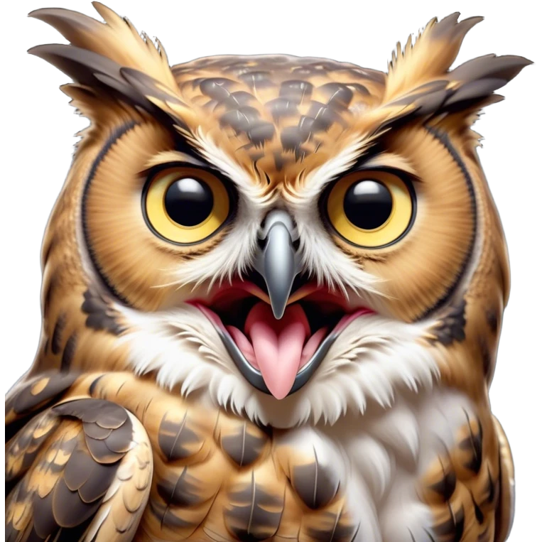 Cinematic Cute Yawning Great Horned Owl Portrait Emoji, Head tilted slightly with a dramatic, wide-open yawn, showcasing a soft, downy mottled plumage with gently drooping feathers, round golden eyes barely open in drowsy contentment, Simplified yet irresistibly adorable features, highly detailed, glowing with a soft, cozy glow, high shine, relaxed yet expressive, stylized with a touch of nocturnal whimsy, bright and endearing, soft glowing outline, capturing the essence of a sleepy yet affectionate owl, so drowsy it feels like it could glide out of the screen and curl up for a nap! emoji