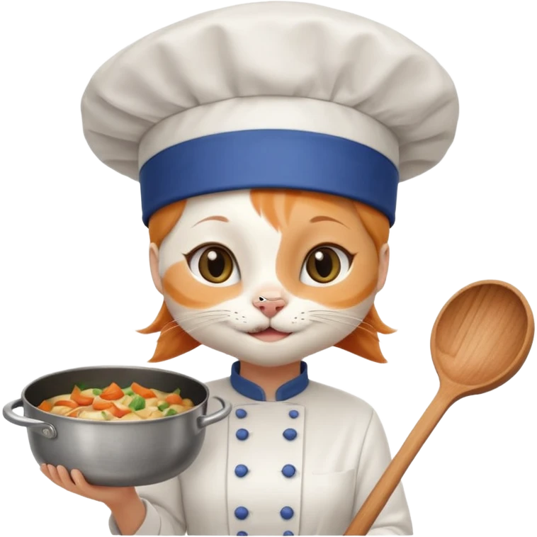 White girl cat with a chef hat holding a pan while smiling emoji