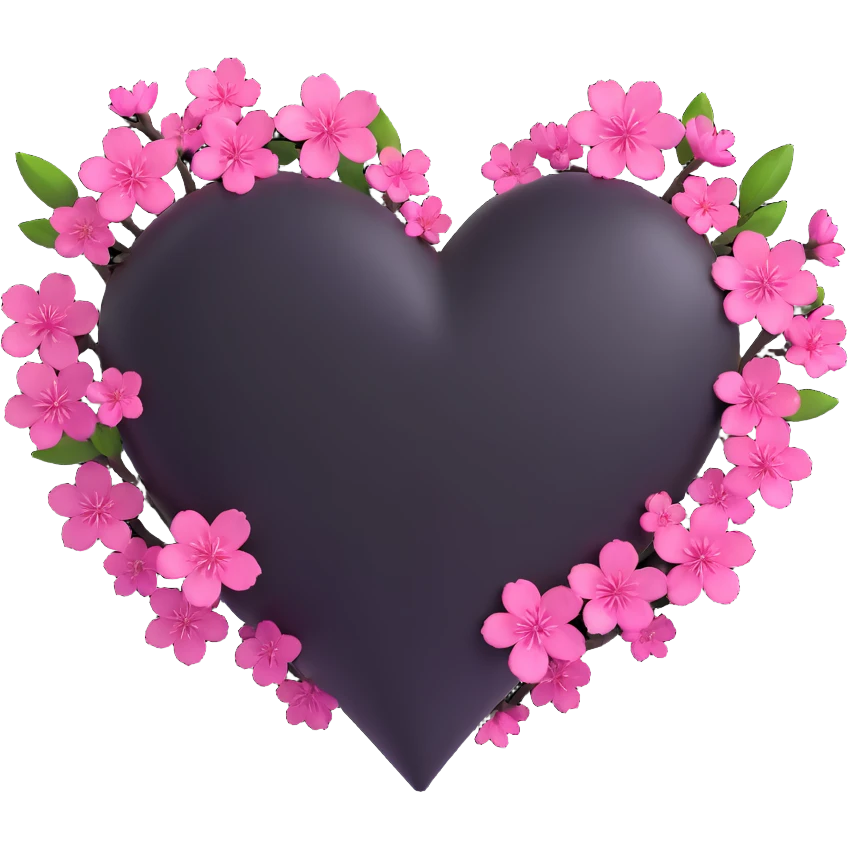goth sakura heart, black heart with sakura branch wrapped around, magenta blossoms, smooth and playful emoji
