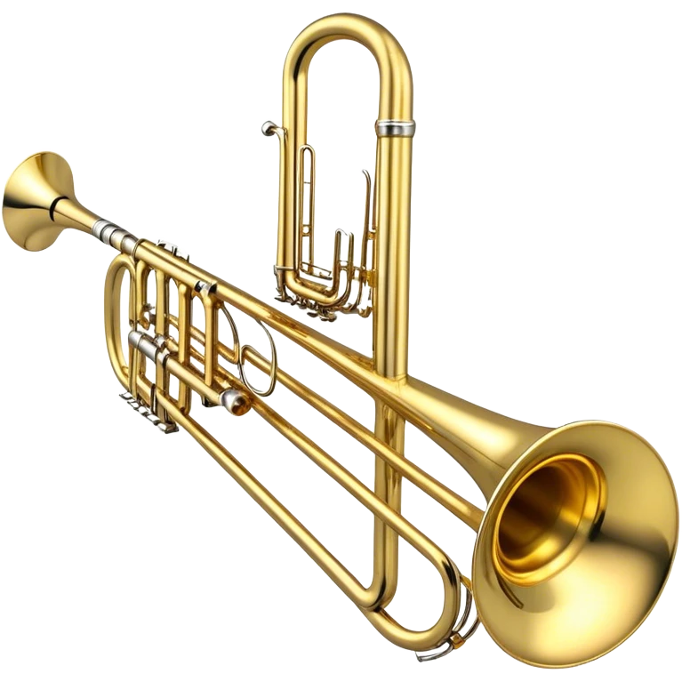 Create a sleek and professional emoji representing the Brahner TB-420 Bb/F tenor trombone. The design should feature the smooth, shiny brass body of the trombone with its distinct curved tubing and large bell. Highlight the tuning slide and the mouthpiece at the top of the instrument. The brass finish should be polished and reflective, with silver accents on the mouthpiece and tuning slide. Add subtle musical notes or soundwaves floating around the trombone to evoke its bold, brassy sound. Use golden and brass tones for the trombone with light reflections to emphasize its high-quality craftsmanship. The background should be transparent. emoji