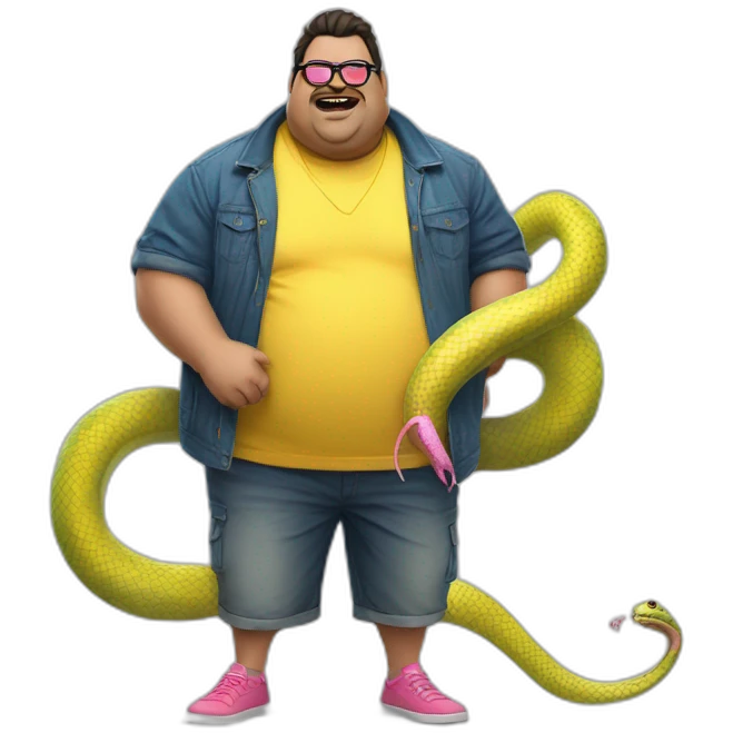 fat man with dark hair,a vibrant long yellow jacket, pink glasses, short jeans shorts. Show full lenght peson, person fighting a snake monster emoji