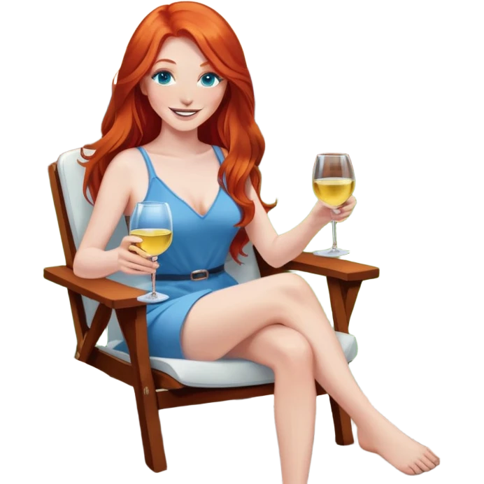 Happy redhead with long hair and blue eyes holding white wine sitting in chair beside fire pit in backyard emoji