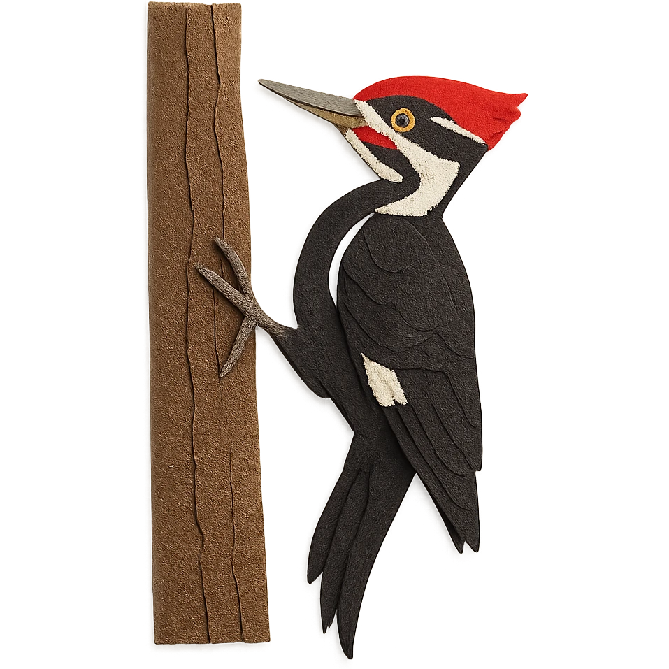 Pileated Woodpecker on a tree, layered paper details, striking red crest, black and white plumage, expressive eye, naturalistic pose emoji