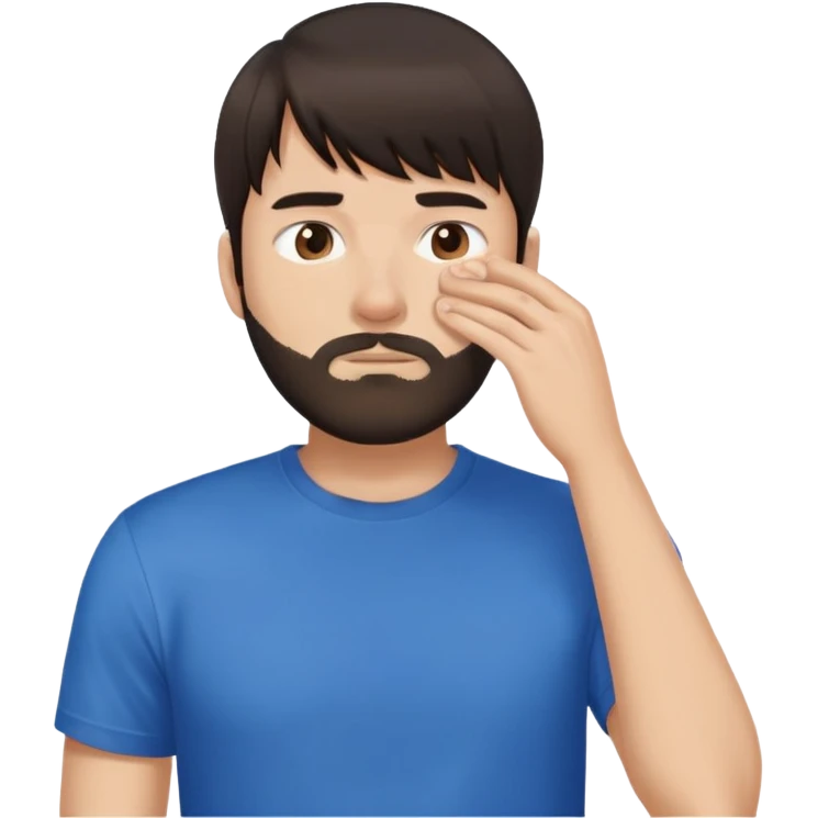 Man with dark brown straight hair and bangs, short beard covering whole face, neutral expression, basic blue t-shirt emoji