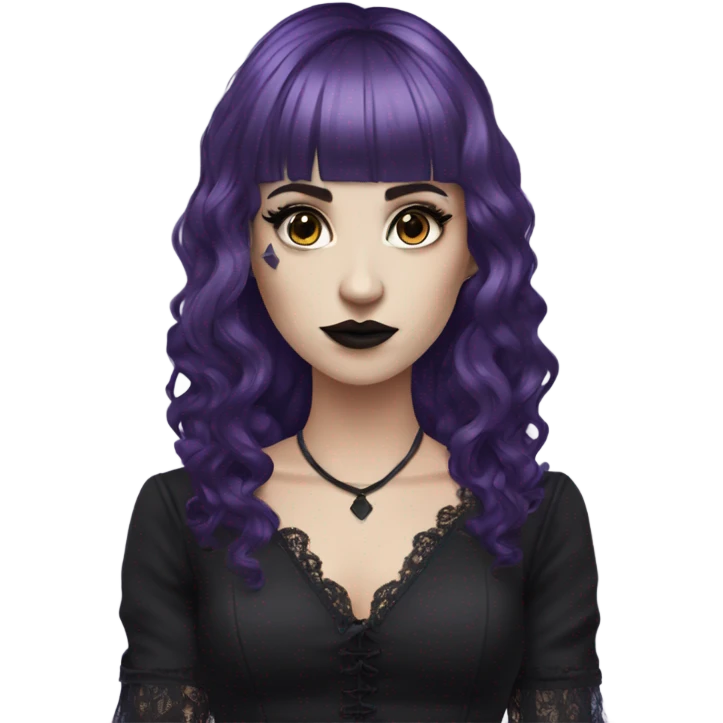 one single alt women, purple hair, wavy hair, medium hair, short bangs, dark makeup, gothic detailed dress, white skin  emoji