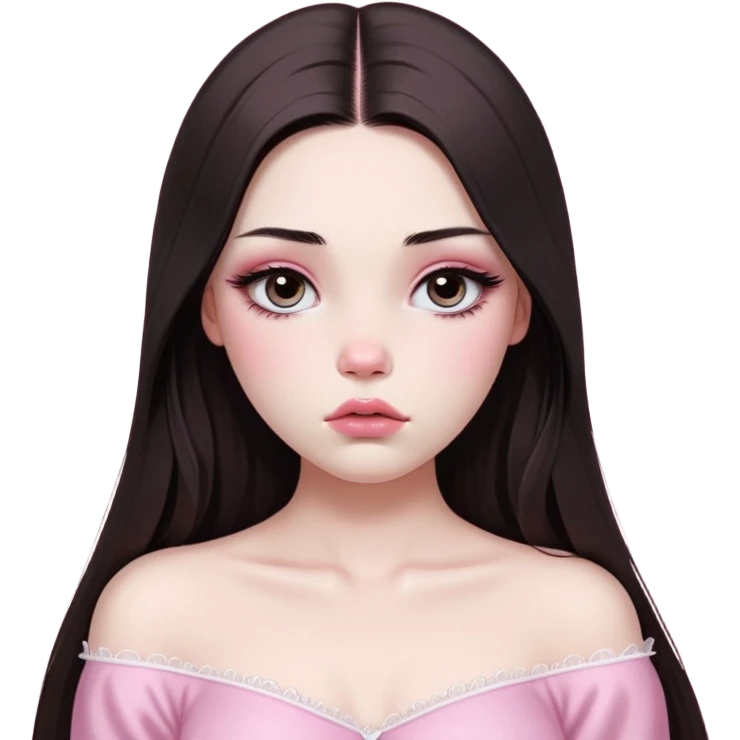 girl with white skin, dark brown long realistic straight hair with middle part prominently falling in front of her body over her shoulders, very big pouty extra shiny lips with absolutely no cupid's bow, big round shiny eyes with black eyeballs and huge eyelashes, no eyeshadow, pink blush on cheeks, lighter button nose, extremely long oval-shaped face, wearing a pink off-shoulder top, looking directly at camera with hands down at sides emoji