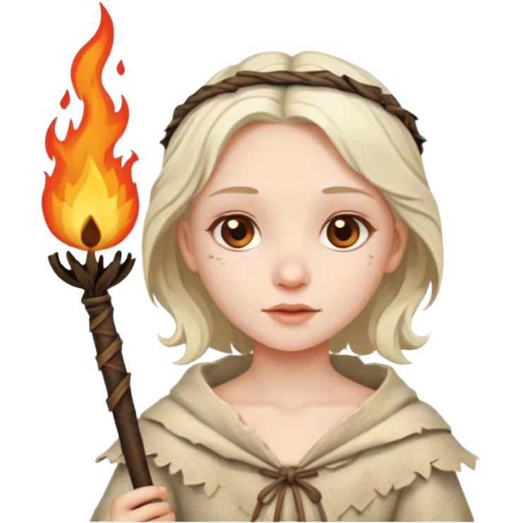 ancient european girl, tattered leaf cloth, hold fire stick emoji