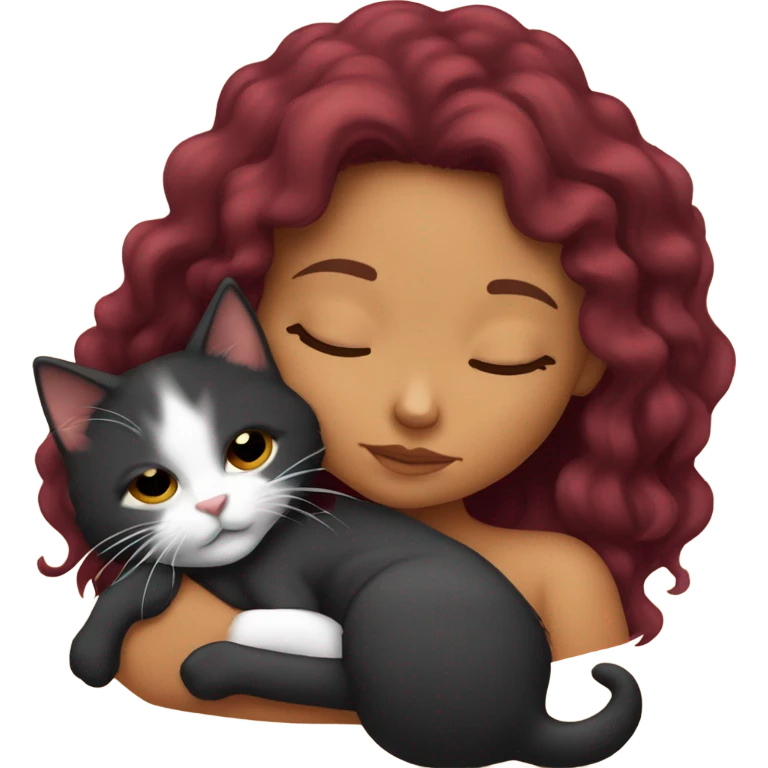 tanned girl long burgundy hair sleeping with black kitty emoji