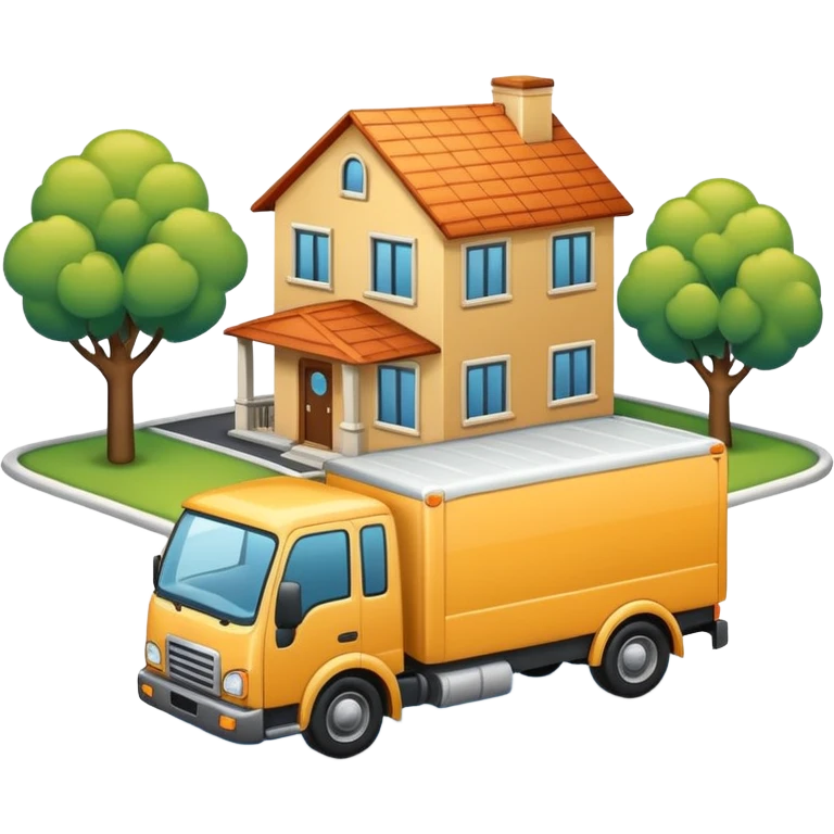 apple style emoji of a truck, package, house, and company connected by street lines, all elements clearly visible, modern emoji look emoji