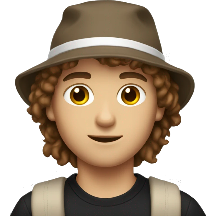 a white boy with brown hair and a beach Bucket Hat with a black sweater emoji