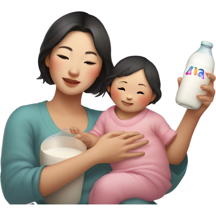 An Asian woman with white skin holds an Asian baby and a small Asian child in her arms, in her other hand a small bottle of milk, above this woman the word "ANA" in a semicircle like a rainbow, but pink emoji
