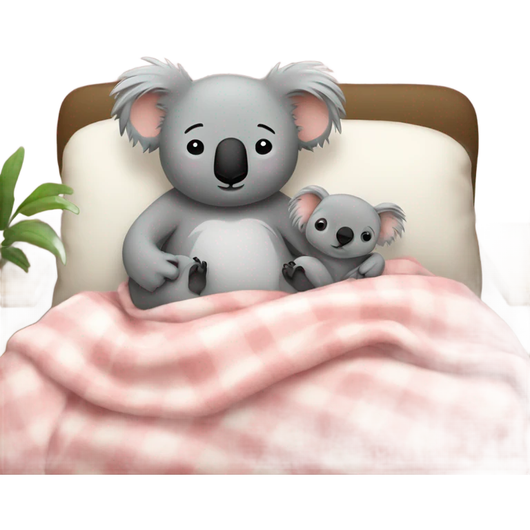 A koala and a woman sleeping on a couch under a blanket with pillows emoji