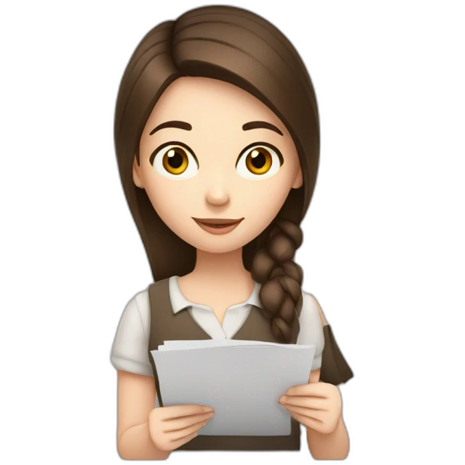 a white skin, brunette haired girl, she is writing on a paper holding a pencil emoji