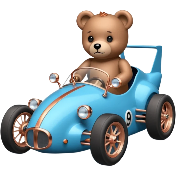 dar crystal blue and rosegold-accented  retro racing car driven by a small evil scary teddy bear with rear spoiler, safety cage, and wheely bar emoji