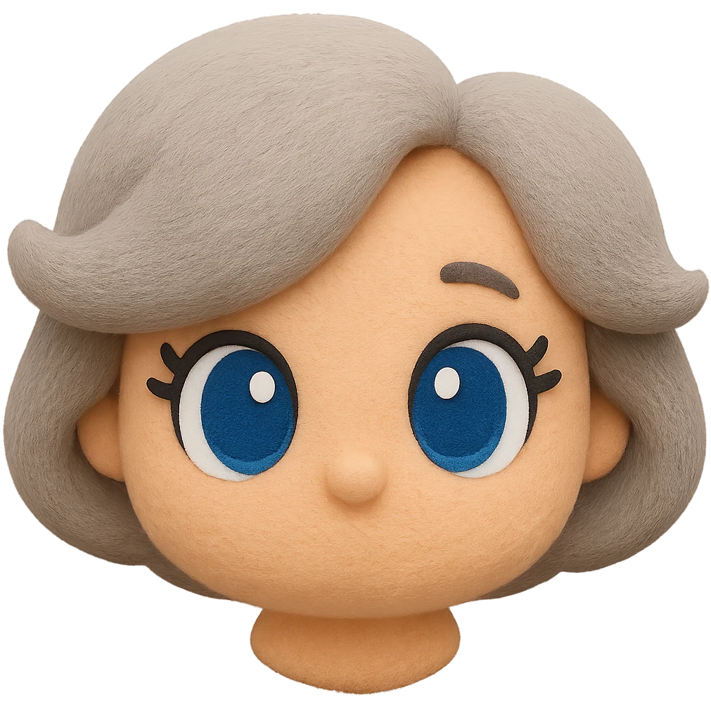 Make the hair slightly more voluminous and add cartoon-style eyes, keep soft fleece texture, pure silver grey hair, 1940s bob, cute plush-style eyelashes, vibrant blue eyes, no neck, no body, no mouth, no white border, transparent background. The style should be soft fleece texture with a cute plush look. emoji