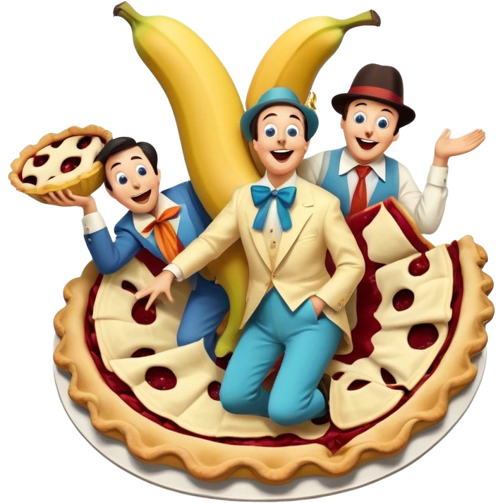 A vintage movie poster-style design featuring slapstick humor elements—funny characters in exaggerated poses, oversized props, and bright colors. Include elements like pies in faces, a falling banana peel, and cheerful expressions. Retro cinematic style. Transparent background. emoji