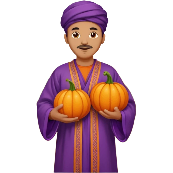 Tan Moroccan man sitting holding with pumpkin and purple grapes in countryside  emoji