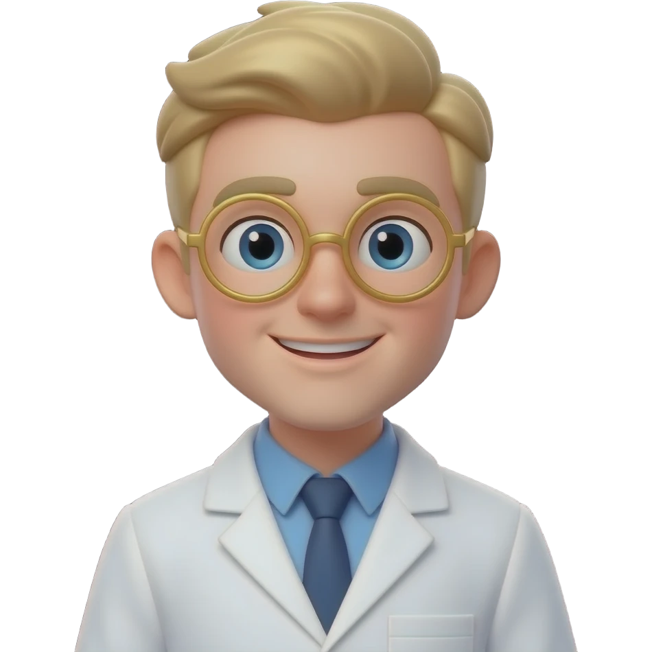 3D character memoji, male scientist, white skin, light blond parted hair, golden round glasses, wearing white lab coat and blue shirt, soft smiling expression, soft volumetric studio lighting, centered portrait against solid dark black background. emoji