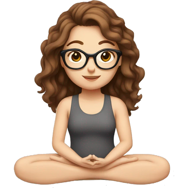 White girl with wavy brown hair, brown eyes and black glasses doing yoga emoji