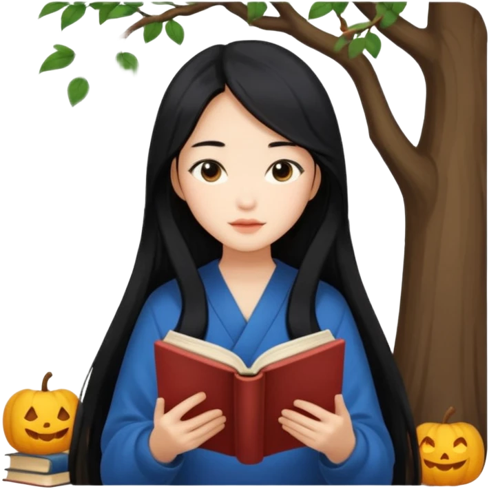Beautiful Asian girl with long black hair reading book cozy aesthetic emoji