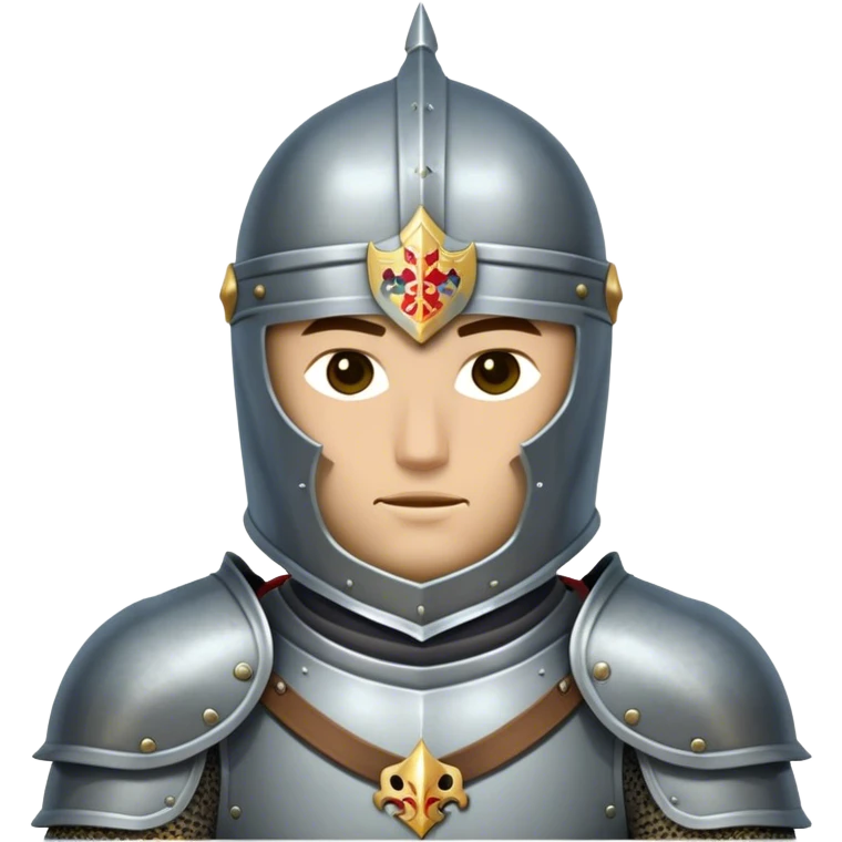 Clash of Clans aesthetic: Cinematic heroic Armored Knight Hero close up Emoji, rendered in a 3D vector-style similar to standard emojis with minimal shading and bold, simplified shapes. A compact, isometric warrior clad in gleaming plate armor with intricate heraldic details, softly glowing with a chivalrous medieval charm. Simplified yet unmistakably iconic, highly detailed and consistent, glowing with a soft radiant shine and high polish. Stylized with a touch of noble valor and a soft glowing outline, wearing a full face helm so that no face is visible with only eyes visible, capturing the essence of a gallant knight ready for honorable battle with a friendly, playful manner! emoji