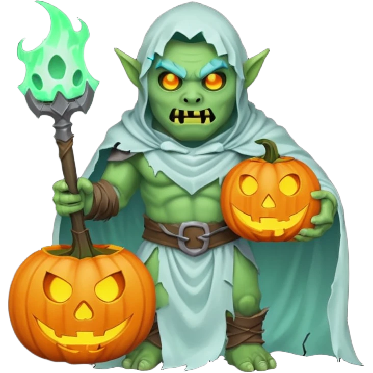 male orc warrior ghost emoji, green skin, tusks, wearing torn white ghost sheet costume, holding glowing jack-o'-lantern, faint blue aura, friendly but spooky expression, Halloween fantasy theme, Apple emoji style, clean white background, square emoji