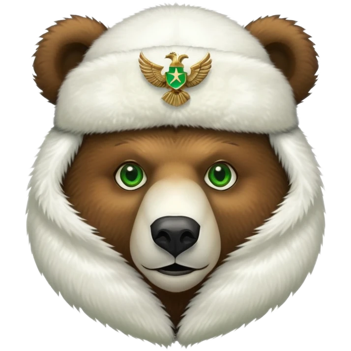 Friendly brown bear face with bright green eyes in a white fur ushanka with centered double-headed eagle emblem, Russian styled emoji