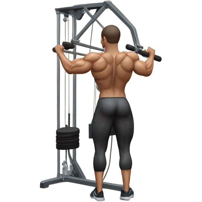 Back-view of a person doing a lat pulldown on a pin-loaded cable machine, gripping a straight bar with bent arms. Muscular upper body engaged. Apple emoji style with simple shapes, clean lines, and soft colors. emoji
