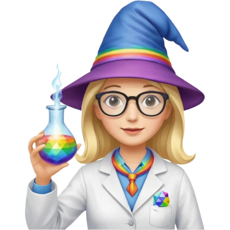 woman scientist with glasses, wearing wizard hat custome, with glass vase, rainbow emoji