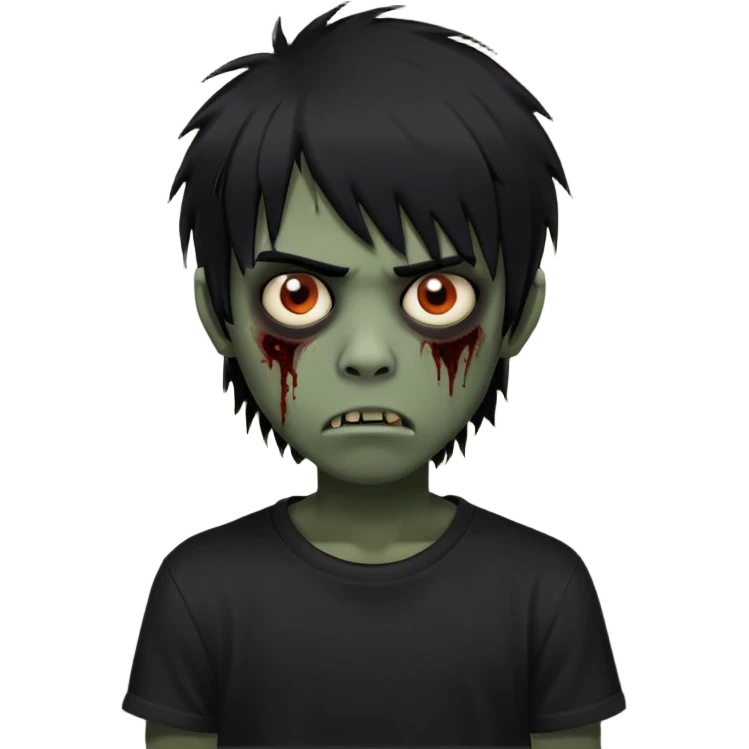 Boy, zombie, black hair, medium long, emo, shaggy, dark, spooky, creepy expression, fringe approximately to the eyebrows height, with Black t-shirt  emoji