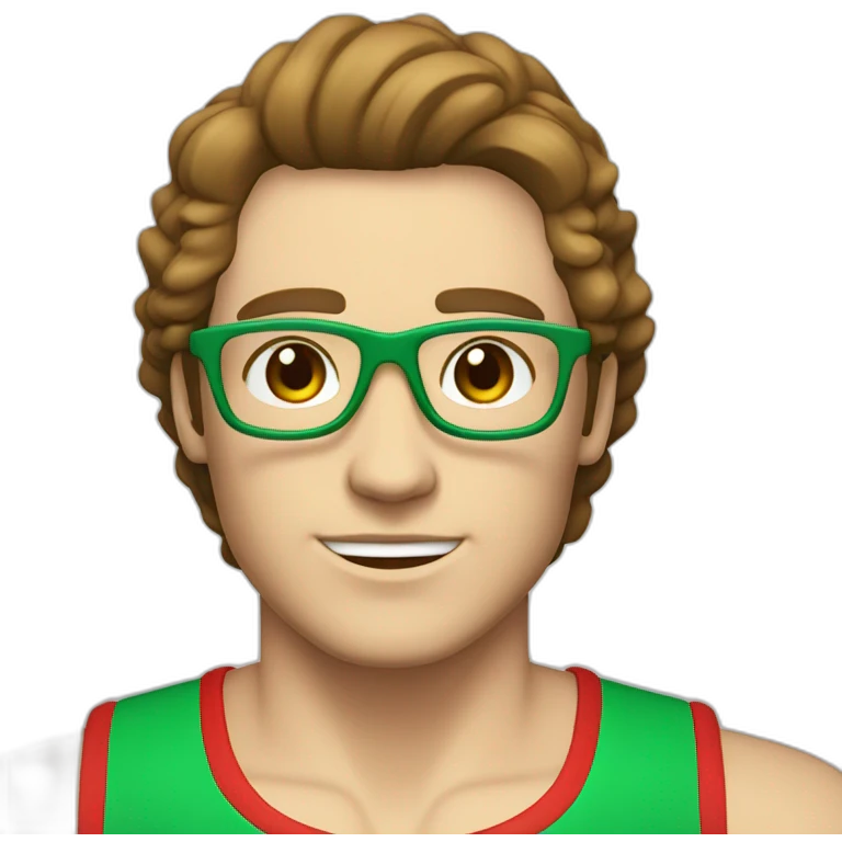 retro 70s red and green gym clothes for a modern white brunette uni male student with glass emoji