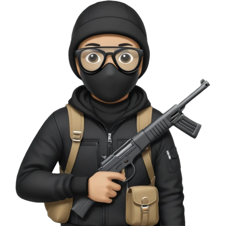 YN wearing a ski mask, holding a gun, all black fit, black jeans, Sprayground bookbag, confident stance with glasses emoji