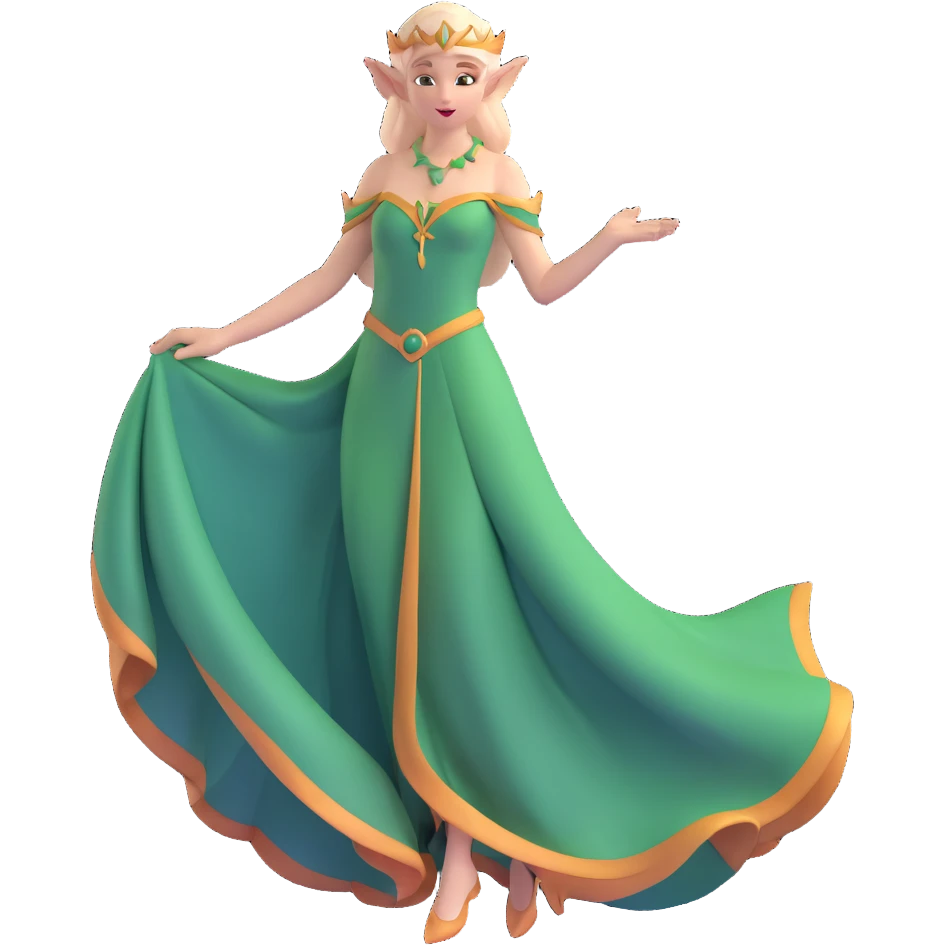distinctly feminine elf maiden with graceful pose, flowing gown emoji