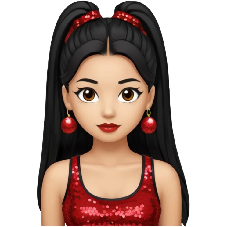 Jade from Bratz with long black ponytail hair, light skin, brown eyes, red sequin crop top emoji