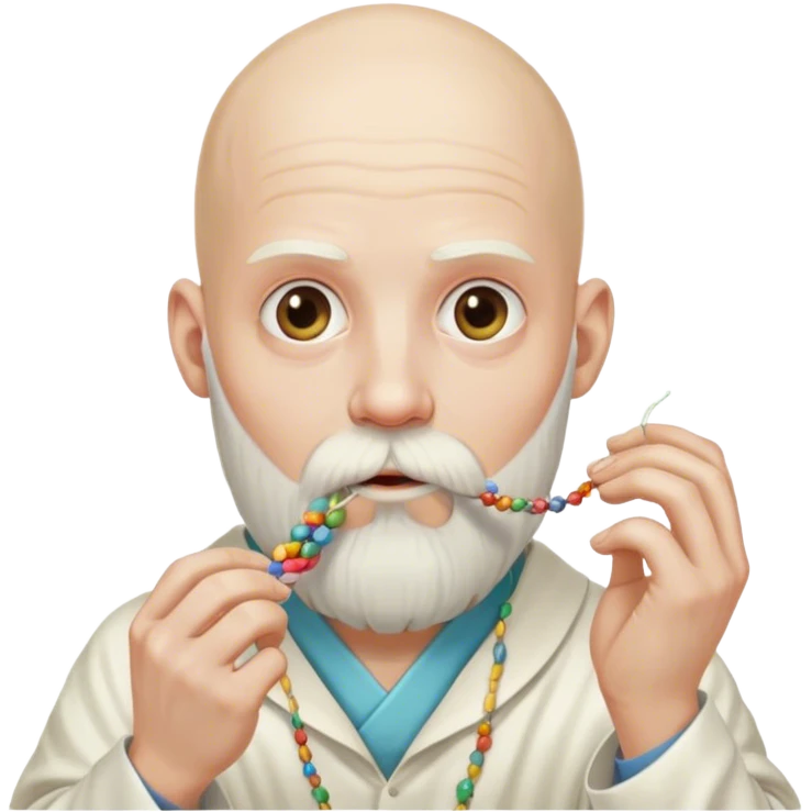 completely bald guy, with a long, white wizard beard tied down in a hair tie, eating a strand of dna emoji