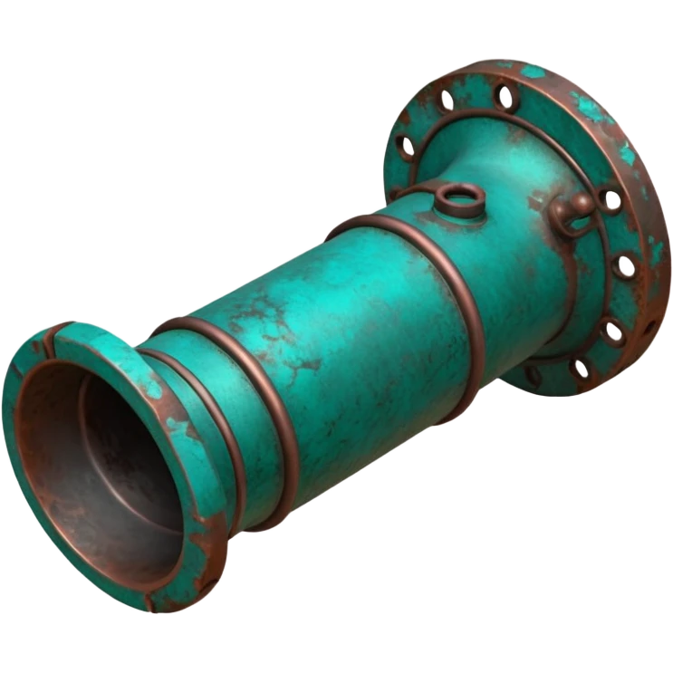3D render of Garden Pipe, heavily oxidized copper texture, verdigris patina, Pipe joint with teal oxidation, weathered bronze aesthetic, ancient decay, emoji style, isolated on white background --v 6.0. emoji