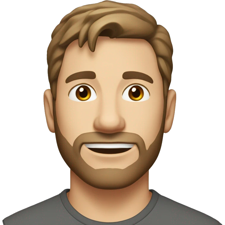 A head and shoulders shot of a 32 year old caucasian man, with short brown hair, with stubble facial hair,   with brown eyes wearing a t-shirt. emoji