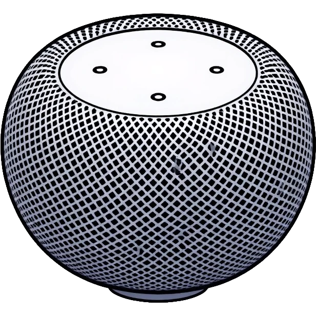 Modern Apple HomePod mini smart speaker, spherical compact design with touch interface on top, minimalist aesthetic emoji
