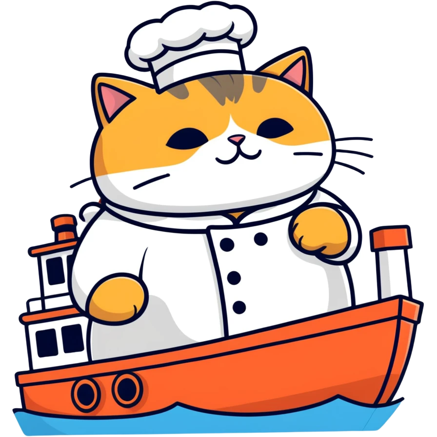 Fat bearded cat in chef outfit cuddling a tugboat emoji