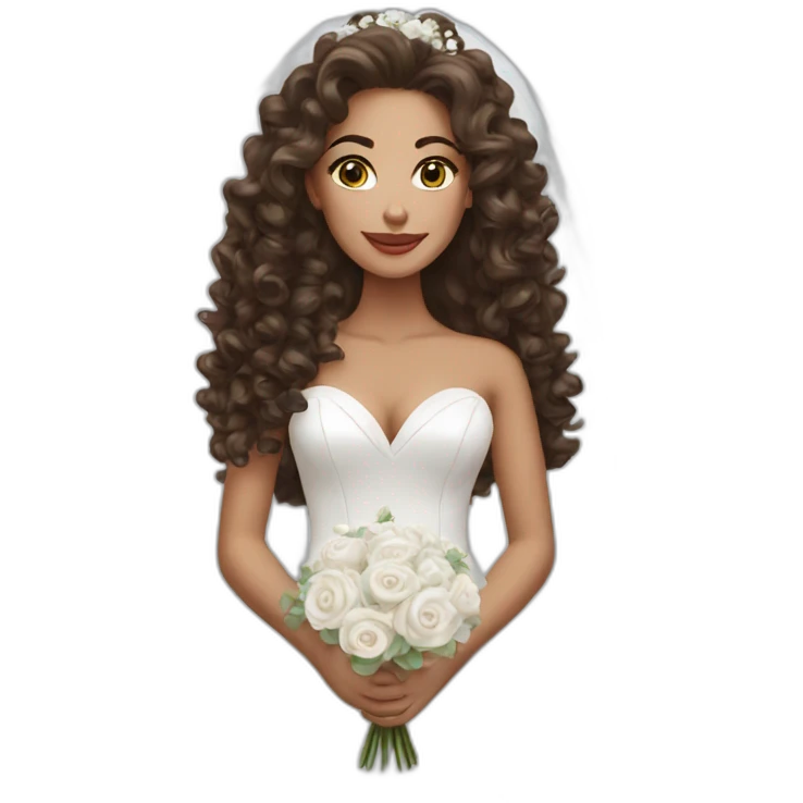 Beautiful brunette bride with long curly hair wearing a wedding dress emoji