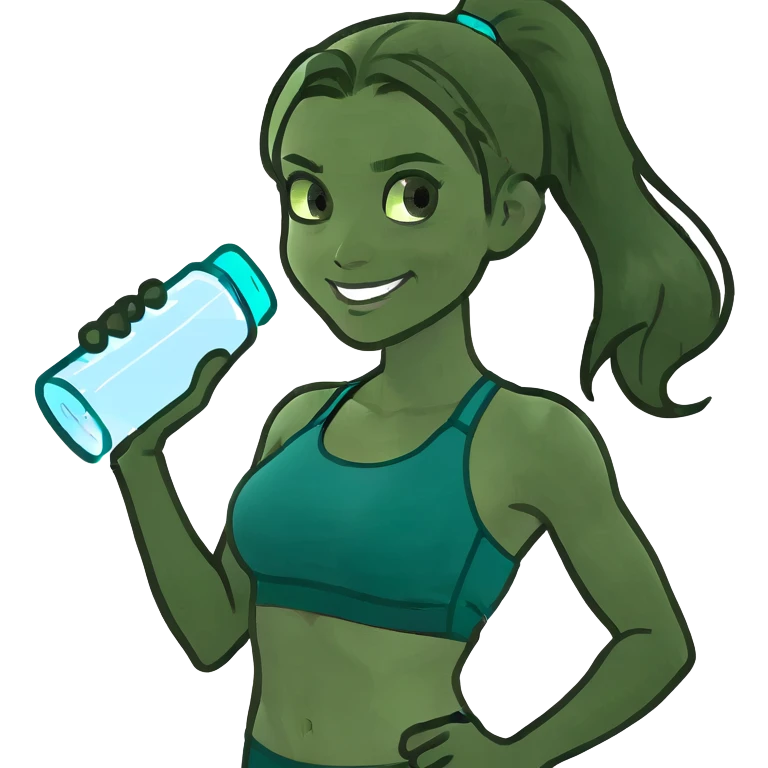 Fit wellness girl – sun-kissed skin, high ponytail, bright hazel eyes, teal sports-bra + leggings, holding water bottle, calm confident smile emoji