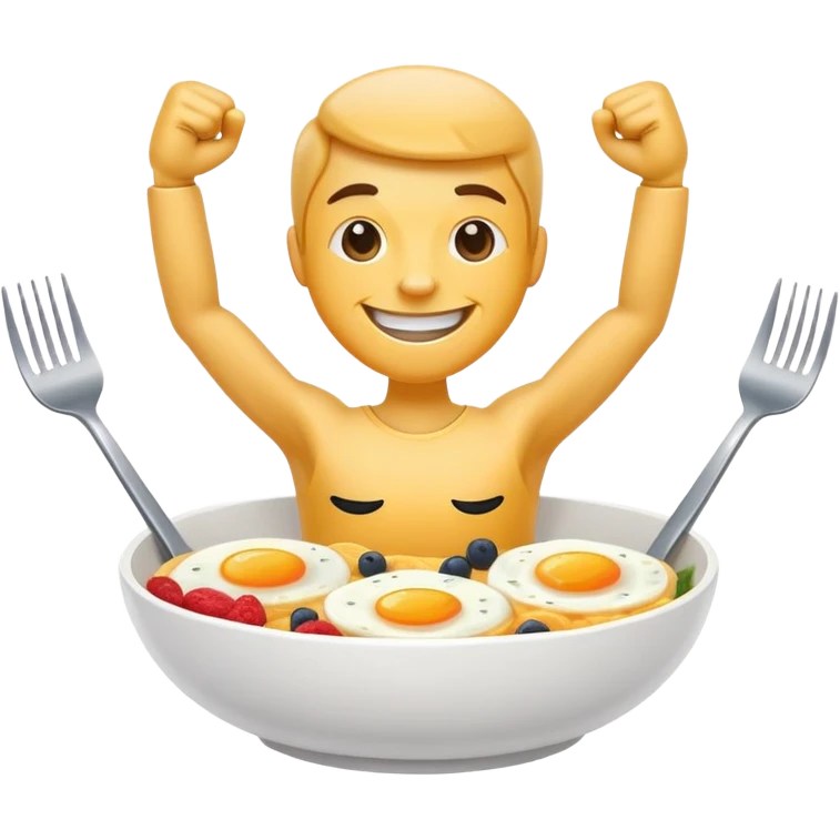 Breakfast bowl with a face in front of the bowl and arms and legs ready for gym emoji