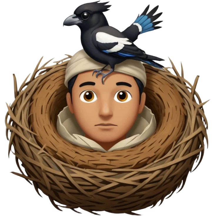 An Australian Magpie, birds nest that is located at the top of a man's head. emoji