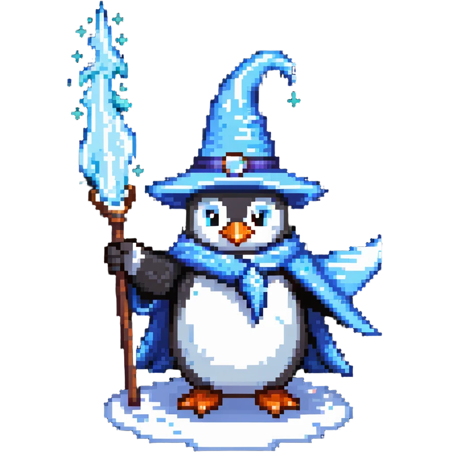 Penguin wizard casting an ice spell, with a pointed hat emoji