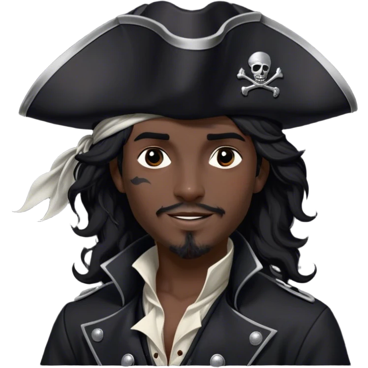 A charismatic pirate with wavy black hair tousled by the breeze. His silver-embroidered tricorn hat casts a shadow. Dark eyes glint with mischief as he looks to the side, a knowing smile on his lips. His black coat, adorned with silver buttons, shifts with the wind emoji