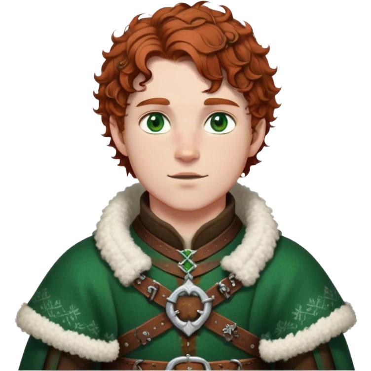 Medieval winter outfit worn by a DnD themed fantasy male character. Rich brown leather-trimmed wool tunic with sheepskin lining, featuring intricate metal buckles at the collar, paired with a heavy braided belt. Clothes only above the waist, full waist coverage. The character has no arms. Character is white-skinned with auburn hair, emerald green eyes, and short curly hair beneath a light dusting of snow. emoji