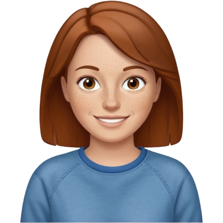 A 38 year old white woman with brown hair and freckles wearing a sweatshirt and jeans smiling emoji