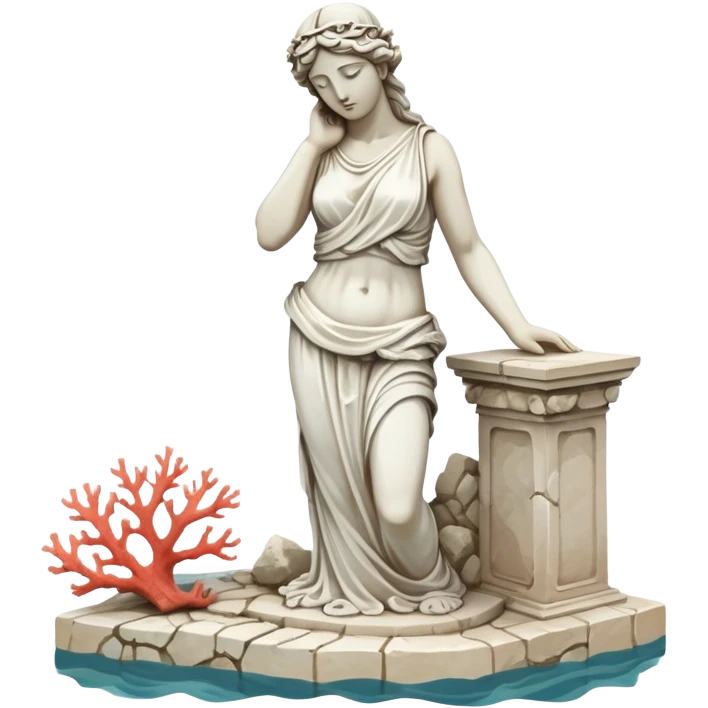 sunken white female greek statue, broken, include water and coral in the sea emoji